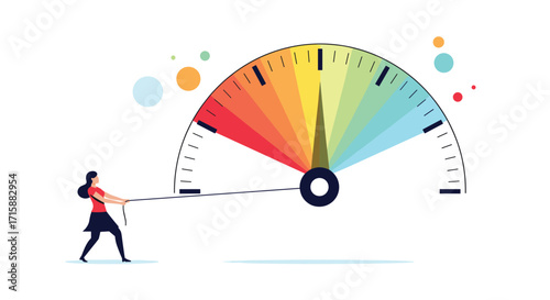 A person pulls a string attached to a gauge that measures something. The gauge has a dial with colors ranging from red to green. This represents managing or improving a score.