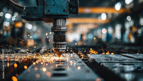Industrial metal cutting machine in action.  Sparks fly as a cutting head carves a metal plate