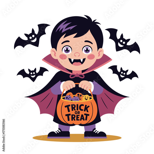 little vampire boy costume, holding trick or treat bucket, bats flying, happy halloween kid character, friendly cartoon vector
