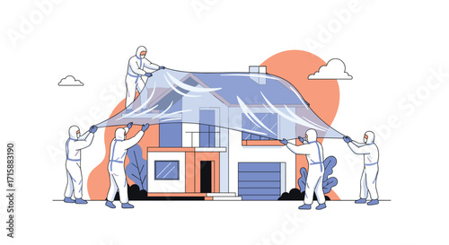 People carefully covering a house with a large transparent sheet to protect it from damage.