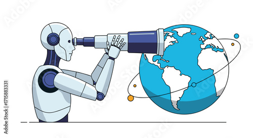 Artificial intelligence robot using a telescope to explore the vastness of the digital world.