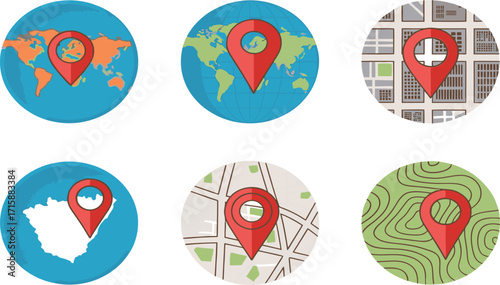 displays a grid of eight circular icons, each featuring a red location pin.