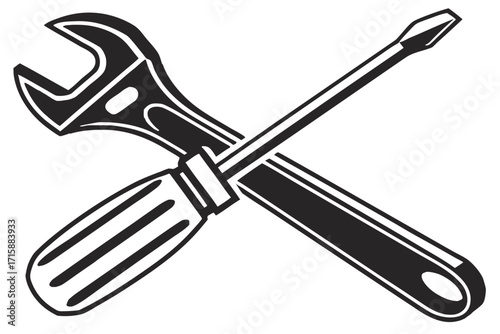A black and white graphic illustration of a crossed wrench and a flathead screwdriver, representing tools and repair.