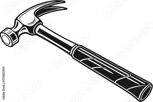 A black and white illustration of a claw hammer, a common tool used for driving nails and prying them out.