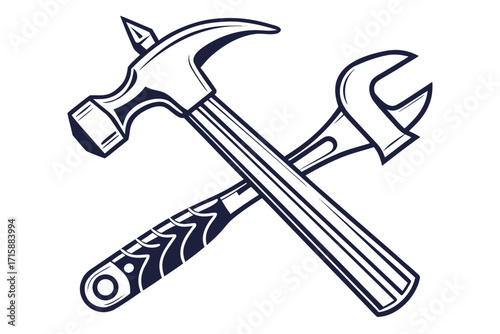 Crossed hammer and wrench tools illustration.