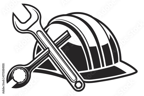 Crossed wrenches over a hard hat, a graphic design for construction or maintenance.