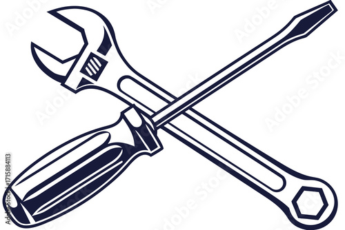 A black and white illustration of a crossed adjustable wrench and a flathead screwdriver, symbolizing tools and repair work.