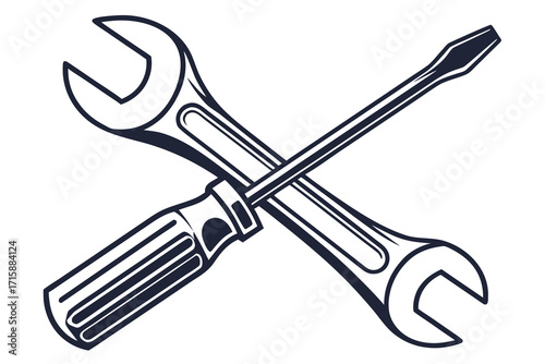 A black and white illustration of a crossed wrench and screwdriver, symbolizing tools and repair.