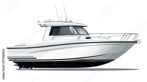 Detailed Illustration of a Sport Fishing Boat with a Sleek Profile and Modern Design for Marine Enthusiasts and Nautical Themes