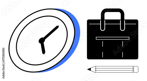 Clock, briefcase, and pencil symbolizing time management, productivity, planning, career, education, organization. Ideal for business corporate scheduling efficiency multitasking work-life