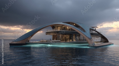 Futuristic Floating Mansion with Sleek Architecture Surrounded by Water Under Dramatic Sky at Dusk