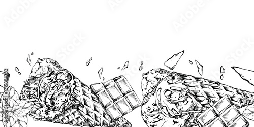 Speckled mint leaves on chocolate chip ice cream scoops in waffle cones, bar pieces. graphic seamless banner border hand drawn in vector ink. Frozen dessert menu, artisan cafe branding, packaging
