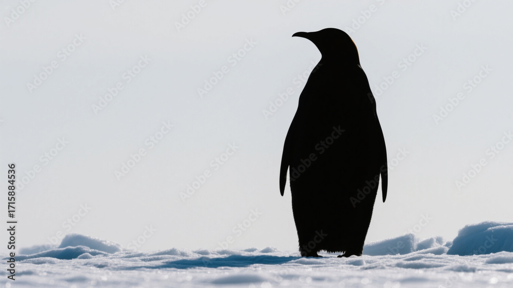 Fototapeta premium Penguin silhouette; a penguin standing in the snow and ice