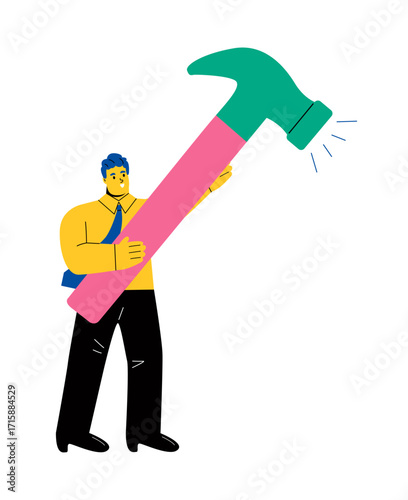 Business man holding a big hammer. Business concept. Flat vector illustration isolated on white background