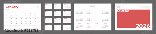2026 Calendar Planner Set of Template grid Monthly Page, Cover with Place for Photo, Company Logo, Annual 2027. Vector layout of wall or desk organizer calend with week start Monday in print. Pages A4