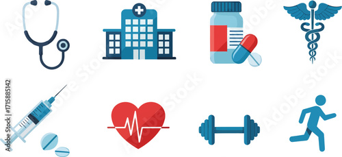 Collection of modern medical and healthcare icons representing health and wellness