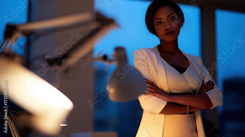 african. A focused African businessperson working late in a modern office illuminated by a desk lamp. pitch deck slides, case study pages, designed for brand storytelling and e-commerce strategy.