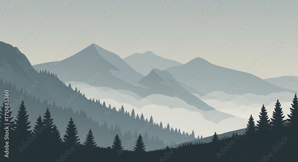 Obraz premium 静かな霧の山の風景イラスト