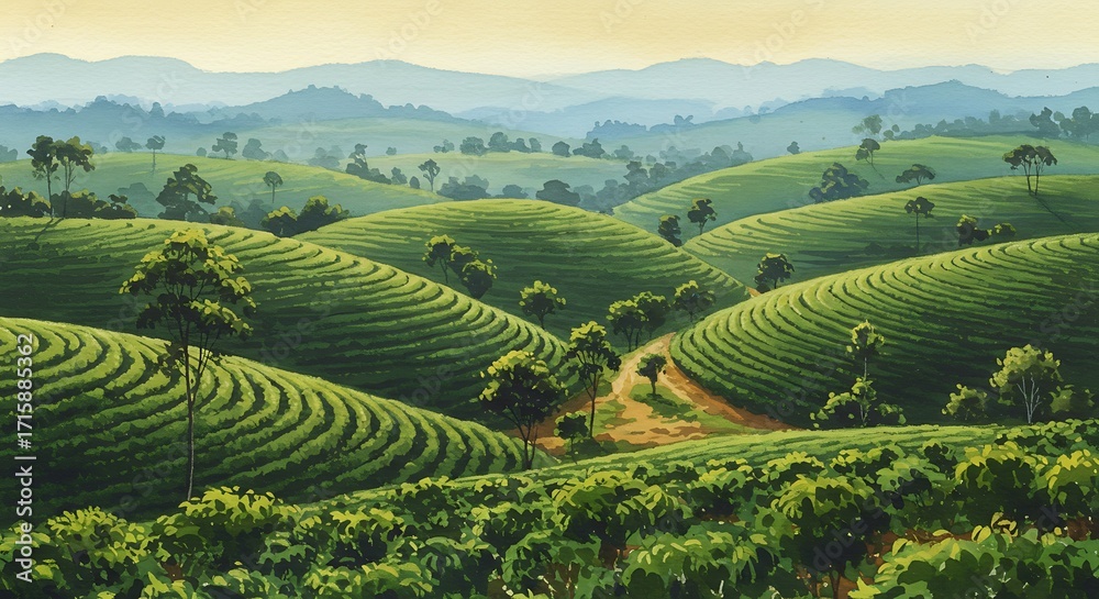 Fototapeta premium 美しい緑茶畑の丘陵地帯風景写真