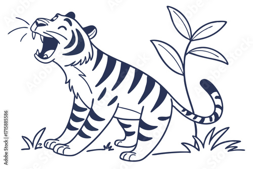 Cute Cartoon Tiger Yawning Outline Isolated White Background Design