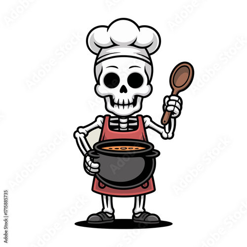 Skeleton chef character, cooking pot and spoon, cute kitchen mascot, spooky culinary theme, halloween restaurant sticker, vector illustration