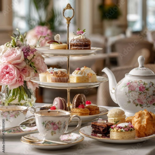 Elegant Afternoon Tea Setting with Floral Arrangement and Treats