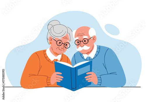 Elderly Couple Reading Book Together Happy Illustration
