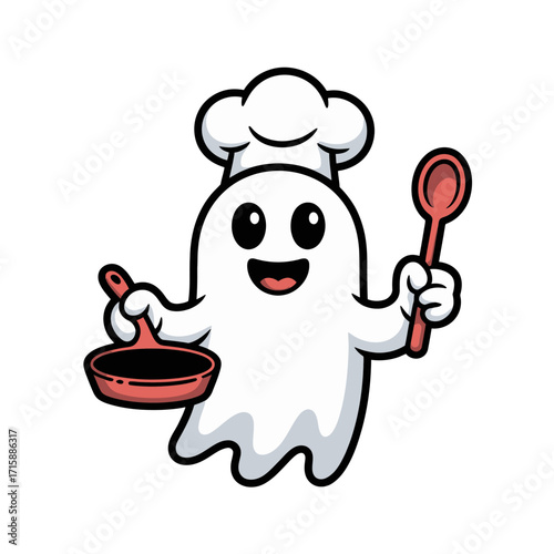 Cute ghost chef, smiling spirit with frying pan and spoon, kitchen cooking theme, halloween restaurant graphic, sticker vector