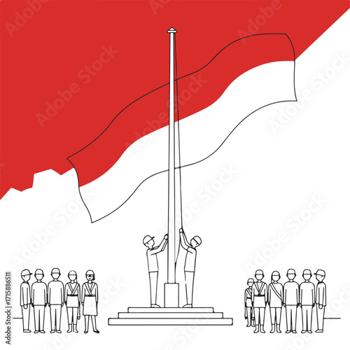 Illustration of an Indonesian flag-raising ceremony with people in uniform standing at attention
