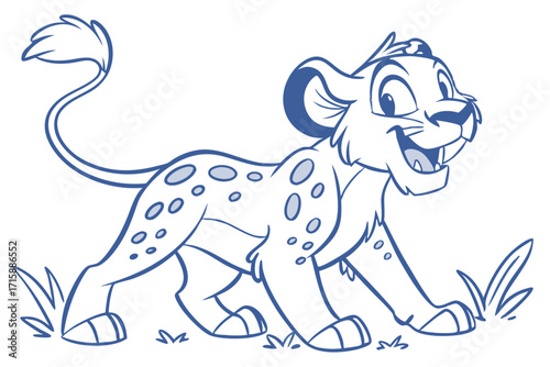 Cute Smiling Leopard Cub, Outline on White Background
