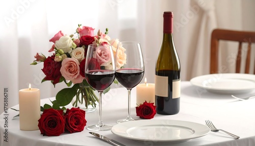 A romantic dining table setting adorned with roses, candles, and a bottle of wine.