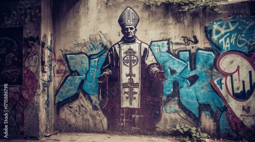 Urban Graffiti Artwork Depicting Religious Figure with Colorful Background in Abandoned Location, Capturing Street Art Culture and Expression
