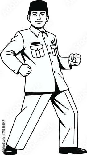 Illustration of a man in uniform standing confidently with his fists clenched, symbolizing strength and determination