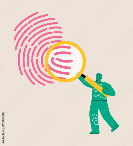 Man holding magnifying glass and examines human fingerprint. Colorful vector illustration