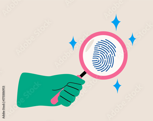 Hand holding magnifying glass and examines human fingerprint. Colorful vector illustration