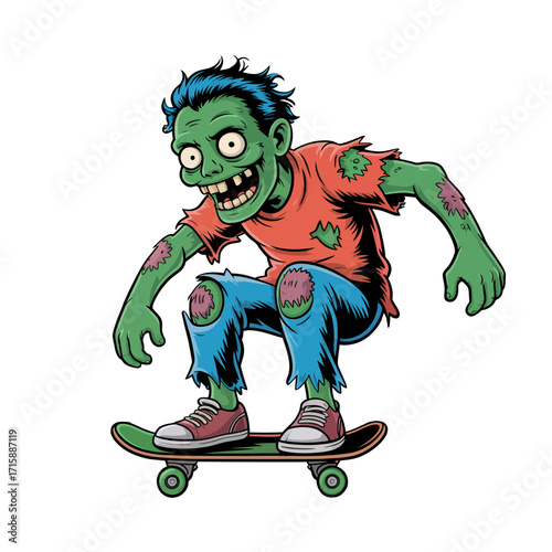 Zombie skater illustration, green ghoul balancing on skateboard, tattered jeans, motion action pose, halloween extreme sport, vector artwork
