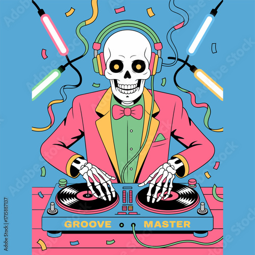 Skeleton DJ character, neon suit and headphones, mixing turntables, retro nightclub vibes, halloween party poster, electronic music vector