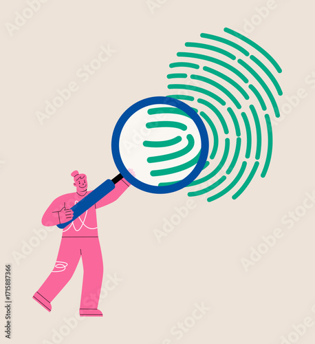 Woman holding magnifying glass and examines human fingerprint. Colorful vector illustration