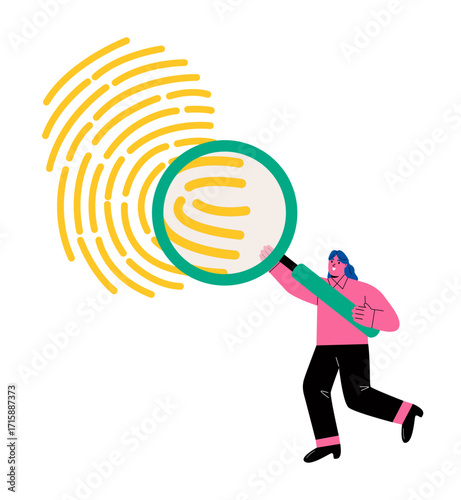 Business woman holding magnifying glass and examines human fingerprint. Flat vector illustration isolated on white background