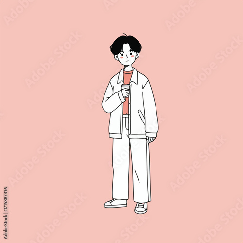 A casual young man dressed in fashionable attire holding a beverage cup, rendered in a simple line art style on a pastel pink backdrop