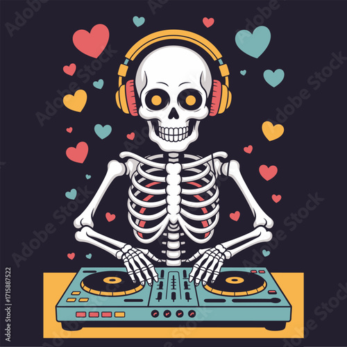 Skeleton disc jockey, headphones hearts background, spinning records on mixer, romantic halloween party theme, dance club graphic, vector