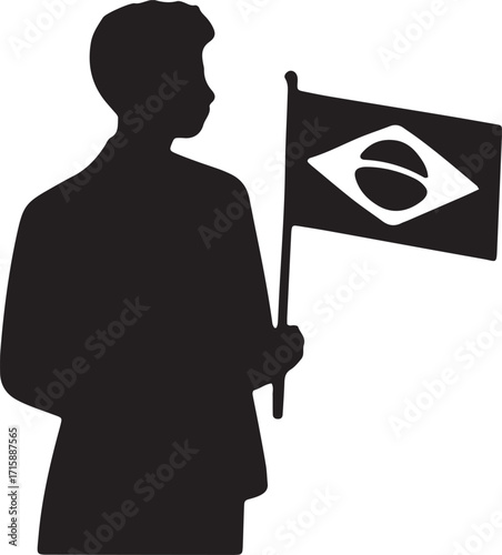 Black Silhouette of Person Holding Brazil Flag on Transparent Background Representing Patriotism