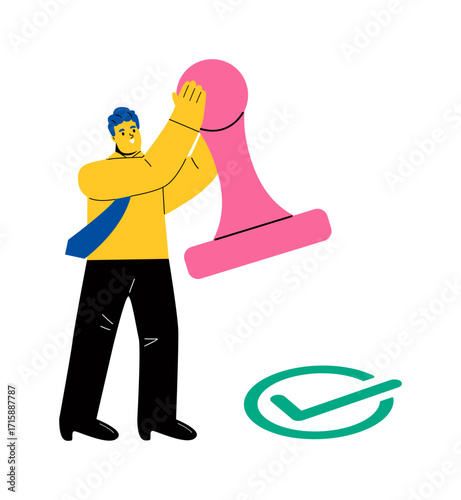 Document approval concept. Business man holding big stamp. Flat vector illustration isolated on white background