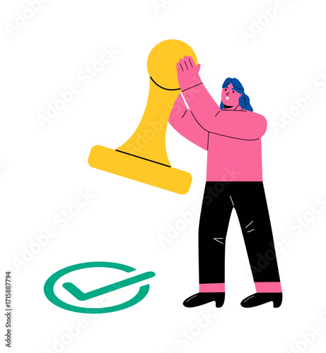 Document approval concept. Business woman holding big stamp. Flat vector illustration isolated on white background