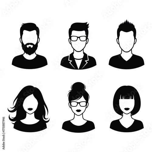 Modern diverse user profile avatars featuring men and women with various hairstyles and accessories silhouette