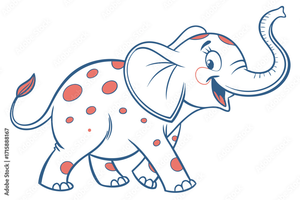 Fototapeta premium Happy Cartoon Elephant with Red Spots and Blue Outlines on White Background