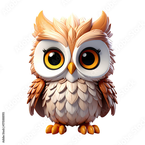 Cute cartoon owl with light orange/beige plumage and large yellow eyes