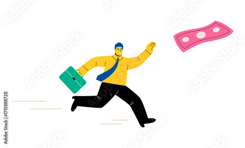 Business man chasing money. Pursuit wealth concept. Flat vector illustration isolated on white background