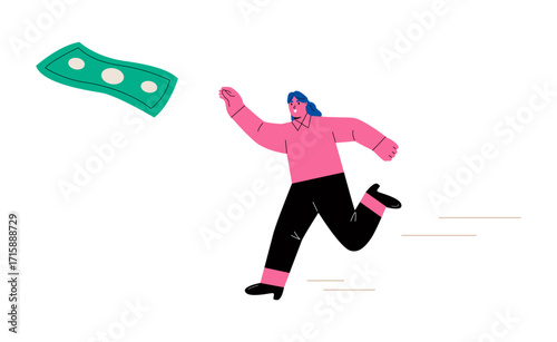 Business woman chasing money. Pursuit wealth concept. Flat vector illustration isolated on white background