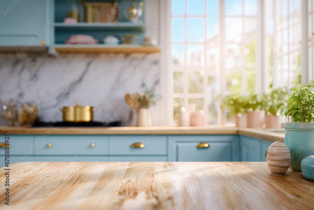 Fototapeta premium Bright and airy kitchen with wooden countertop and pastel decor in a home setting during the day